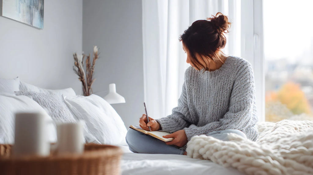 woman writing on her daily journal