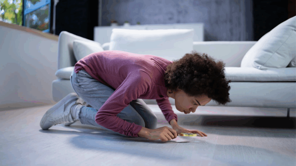 woman obsessively check the floor using a magnifying glass