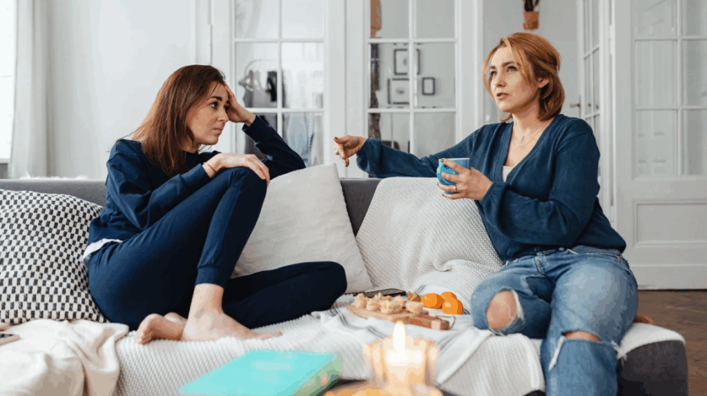 two family members talking to each other about mental health