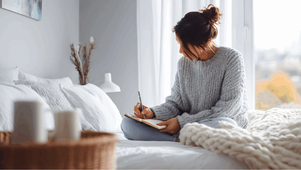 woman writes a day of her life on a journal