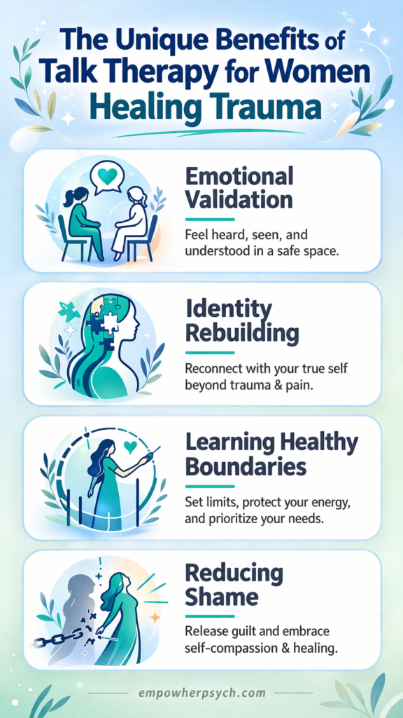 the unique benefits of talk therapy for women healing trauma
